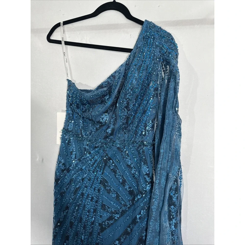 NWT Mac Duggal [ 4 ] 20528 One Shoulder‎ Cape Sleeve Embellished Gown Blue J1911 - Picture 10 of 15